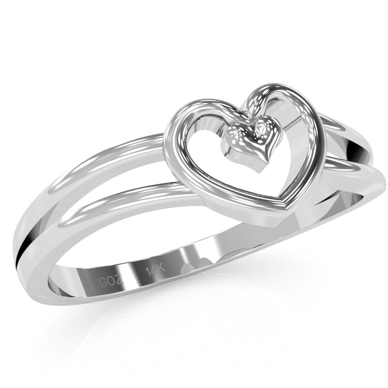 Split Shank Heart-In-Heart Love Ring In Solid 14k White Gold
