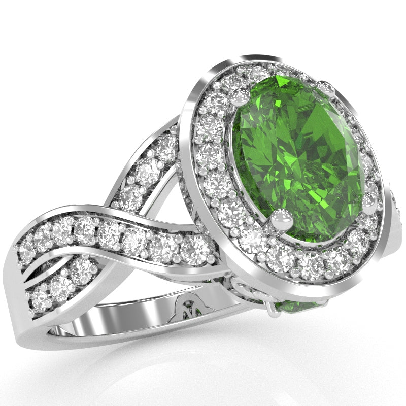 Three Stone Peridot Diamond Peekaboo Halo Engagement Ring In 14k White Gold