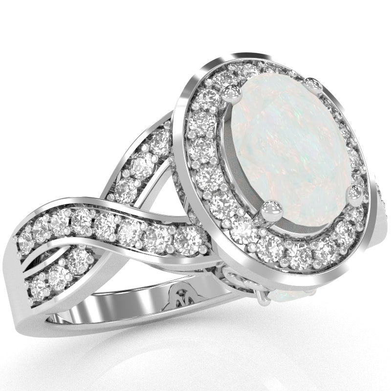 Three Stone Opal Diamond Peekaboo Halo Engagement Ring In 14k White Gold