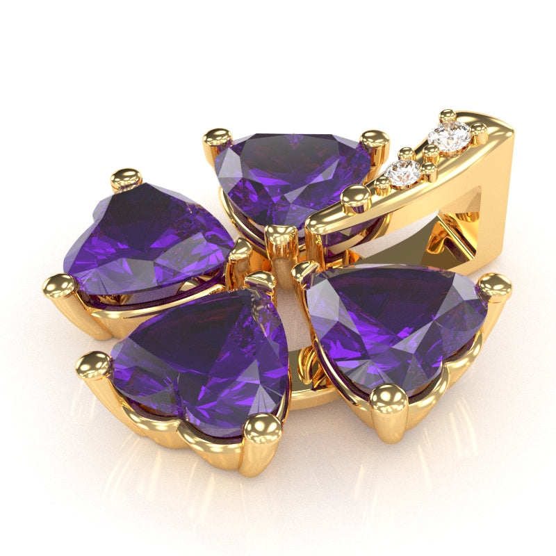 4 Leaf Clover Shamrock Amethyst Diamond Pendant In 14k Yellow Gold