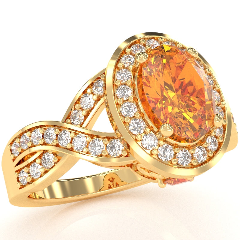 Three Stone Citrine Diamond Peekaboo Halo Engagement Ring In 14k Yellow Gold