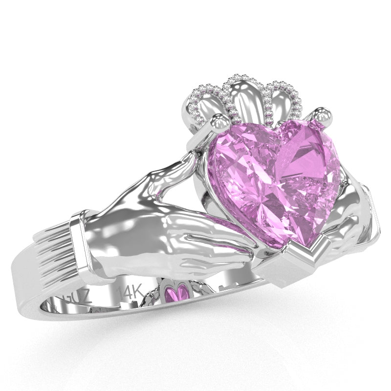 Claddagh Lab-Created Pink Sapphire Ring In Solid 14k White Gold
