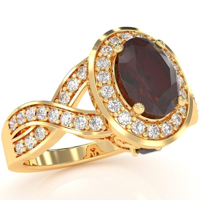 Three Stone Garnet Diamond Peekaboo Halo Engagement Ring In 14k Yellow Gold