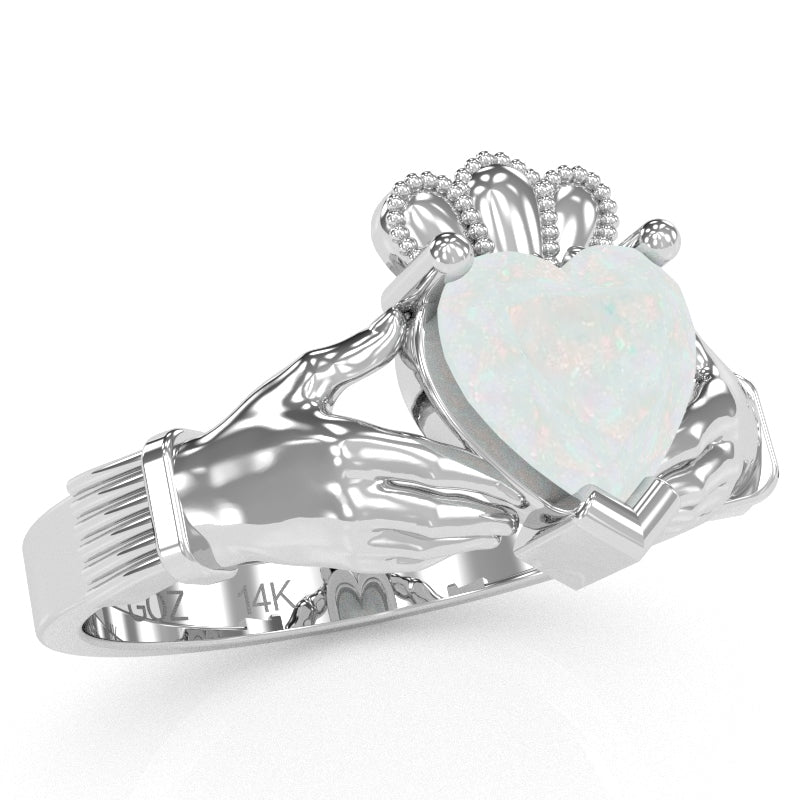 Claddagh Opal Ring In Solid 14k White Gold
