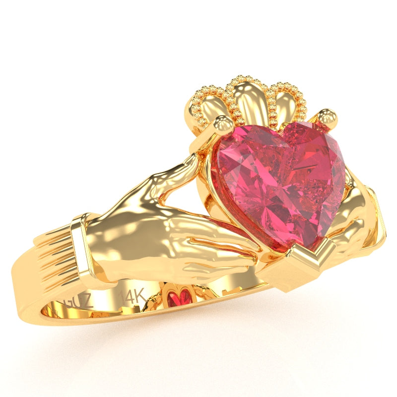 Claddagh Pink Tourmaline Ring In Solid 14k Yellow Gold
