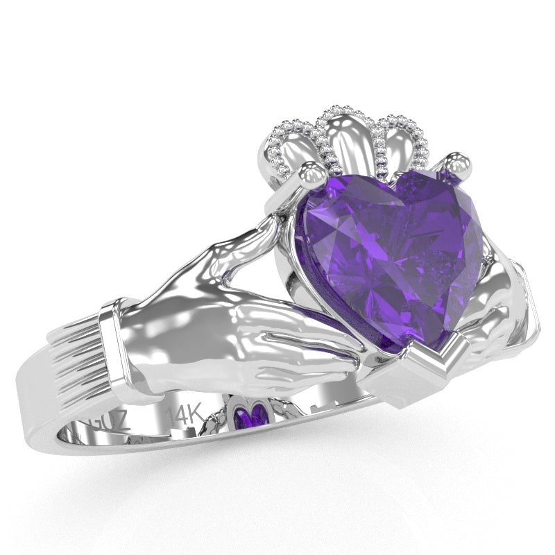 Claddagh Amethyst Ring In Solid 14k White Gold