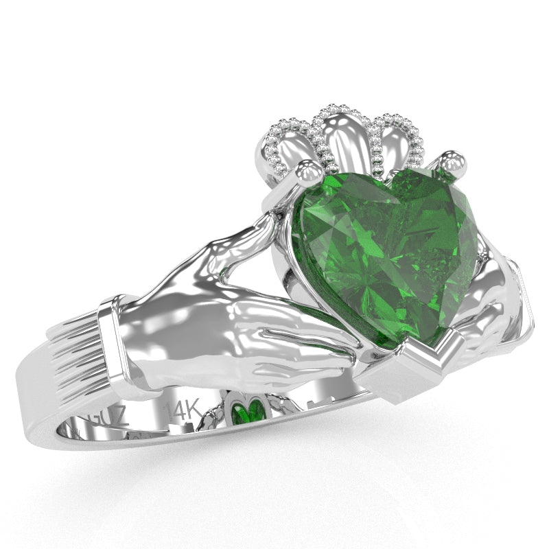 Claddagh Lab-Created Emerald Ring In Solid 14k White Gold