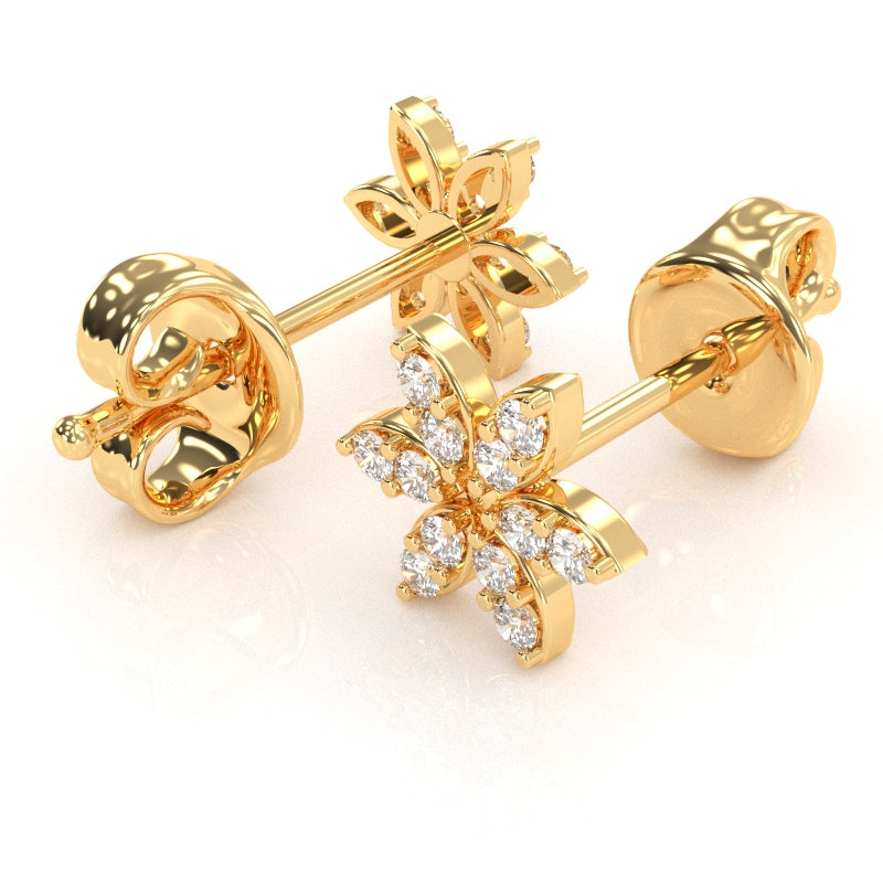Diamond Encrusted Flower Stud Earrings in 14k Yellow Gold