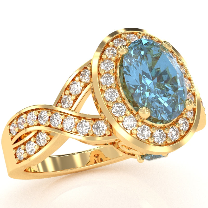 Three Stone Blue Topaz Diamond Peekaboo Halo Engagement Ring In 14k Yellow Gold