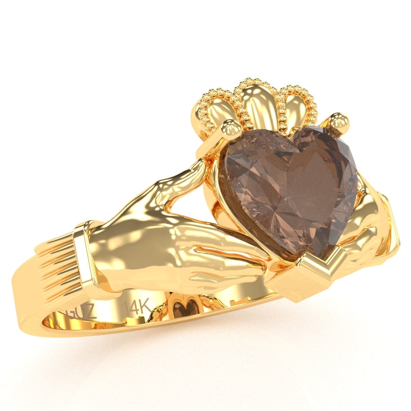 Claddagh Smoky Quartz Ring In Solid 14k Yellow Gold