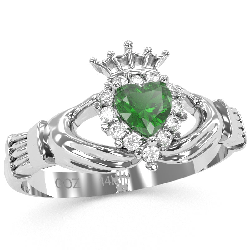 Claddagh Emerald Diamond Ring In Solid 14k White Gold