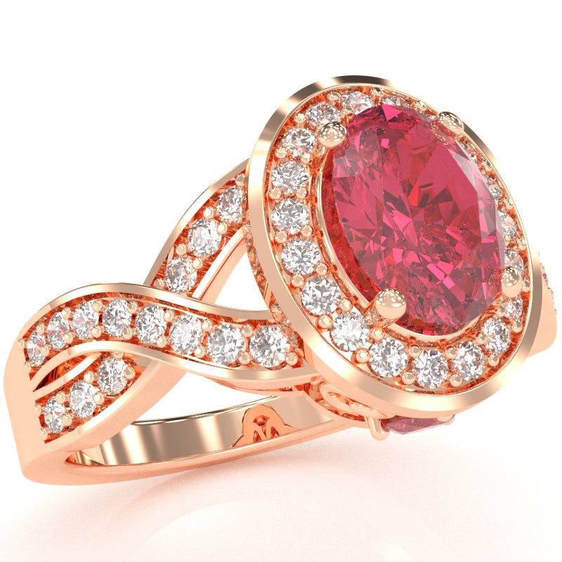 Three Stone Pink Tourmaline Diamond Peekaboo Halo Engagement Ring In 14k Rose Gold