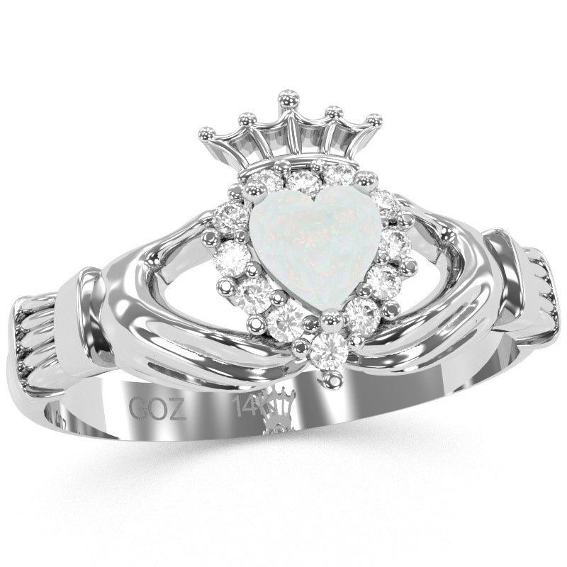 Claddagh Opal Diamond Ring In Solid 14k White Gold