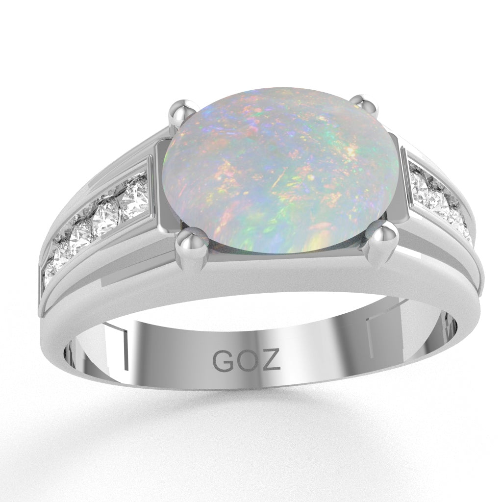 Opal Diamond Designer Channel Ring In 10k White Gold