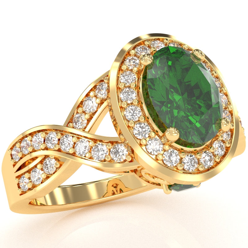 Three Stone Lab-Created Emerald Diamond Peekaboo Halo Engagement Ring In 14k Yellow Gold