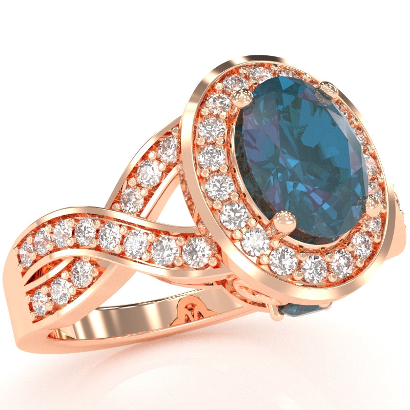 Three Stone Lab-Created Alexandrite Diamond Peekaboo Halo Engagement Ring In 14k Rose Gold