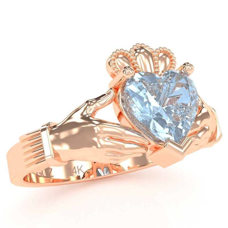 Claddagh Aquamarine Ring In Solid 14k Rose Gold