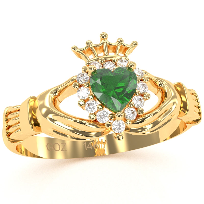 Claddagh Lab-Created Emerald Diamond Ring In Solid 14k Yellow Gold