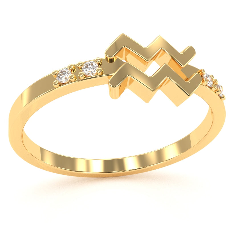 Aquarius Zodiac Sign Diamond Ring In Solid 14k Yellow Gold