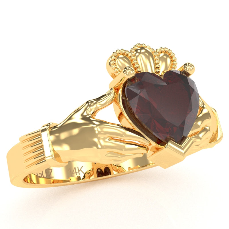 Claddagh Garnet Ring In Solid 14k Yellow Gold
