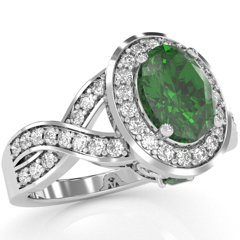 Three Stone Lab-Created Emerald Diamond Peekaboo Halo Engagement Ring In 14k White Gold