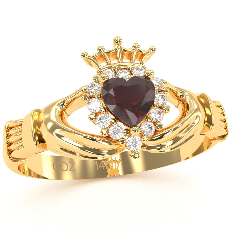Claddagh Garnet Diamond Ring In Solid 14k Yellow Gold