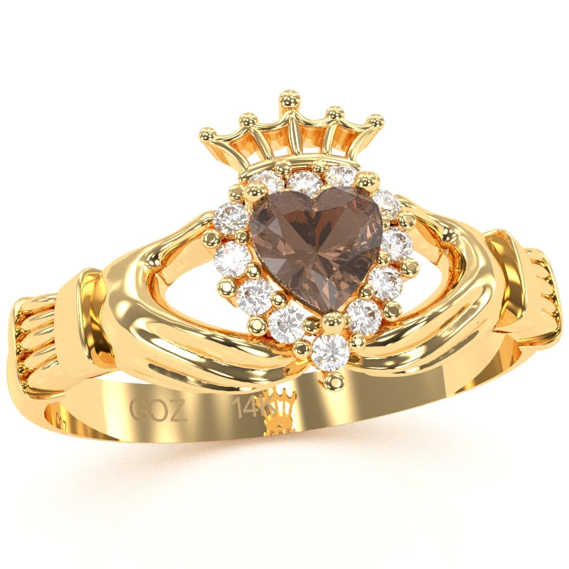Claddagh Smoky Quartz Diamond Ring In Solid 14k Yellow Gold