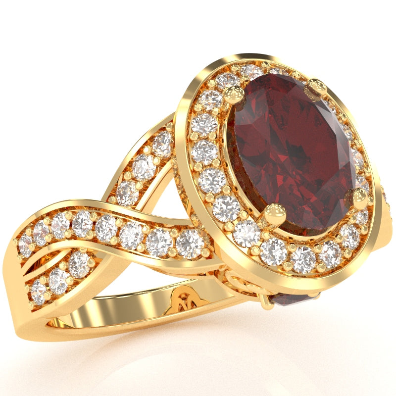 Three Stone Lab-Created Ruby Diamond Peekaboo Halo Engagement Ring In 14k Yellow Gold