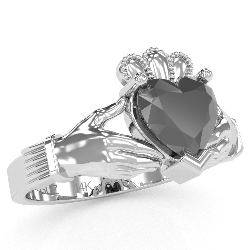 Claddagh Black Onyx Ring In Solid 14k White Gold