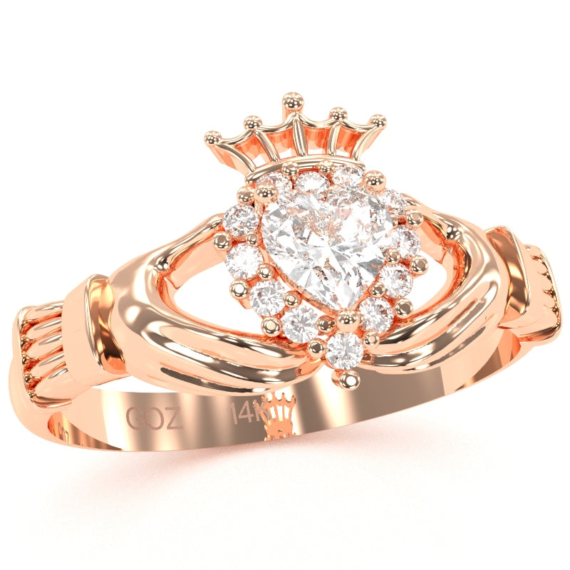 Claddagh White Topaz Diamond Ring In Solid 14k Rose Gold