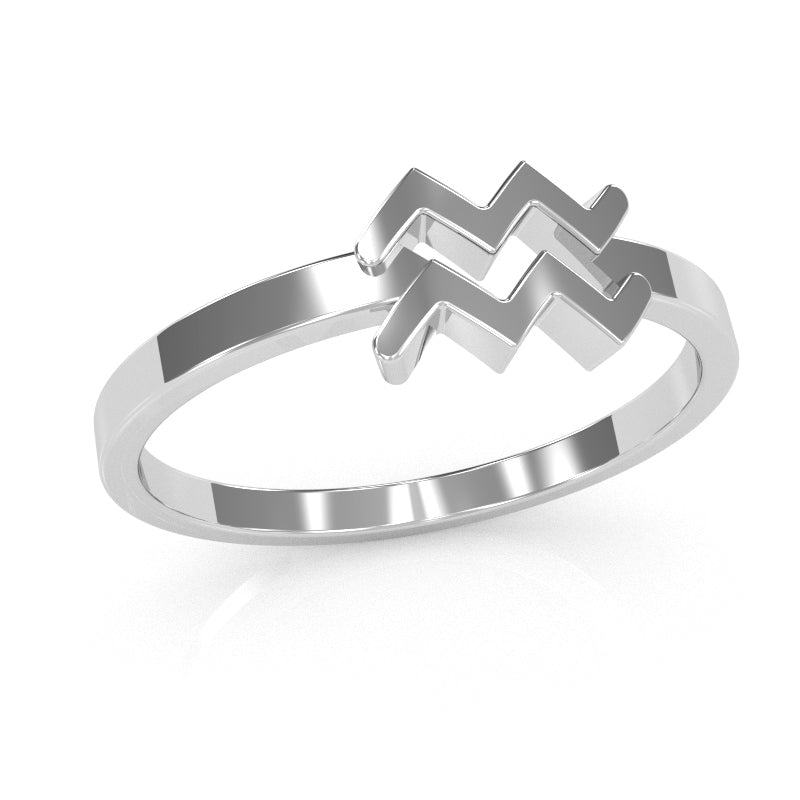 Aquarius Zodiac Sign Ring In Solid 14k White Gold