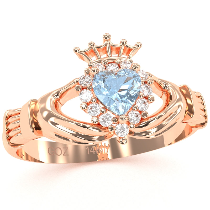Claddagh Aquamarine Diamond Ring In Solid 14k Rose Gold