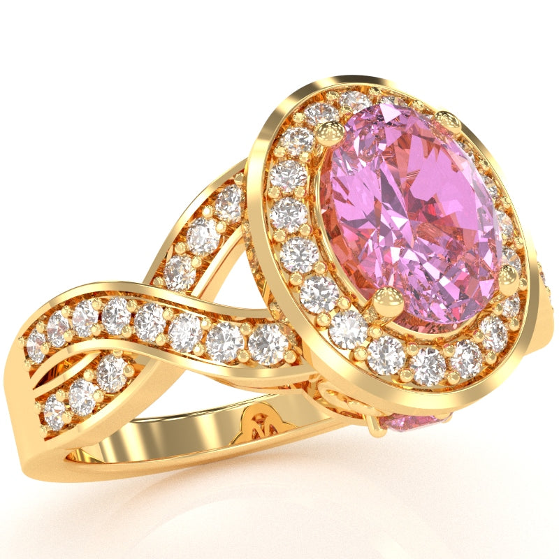 Three Stone Lab-Created Pink Sapphire Diamond Peekaboo Halo Engagement Ring In 14k Yellow Gold