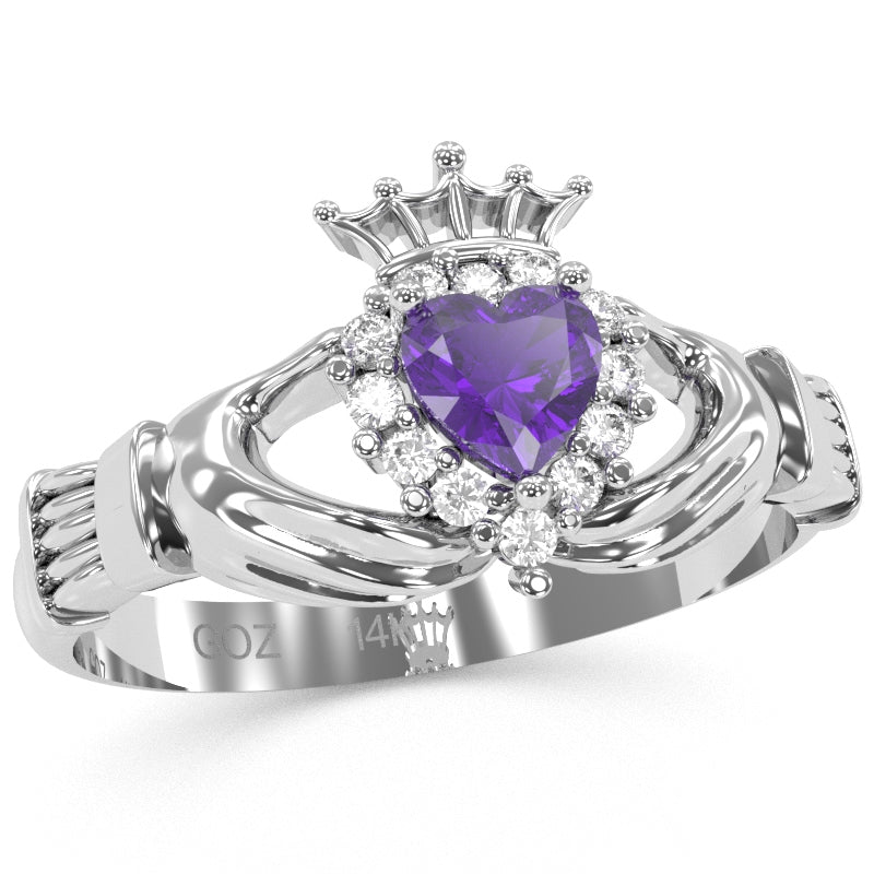 Claddagh Amethyst Diamond Ring In Solid 14k White Gold
