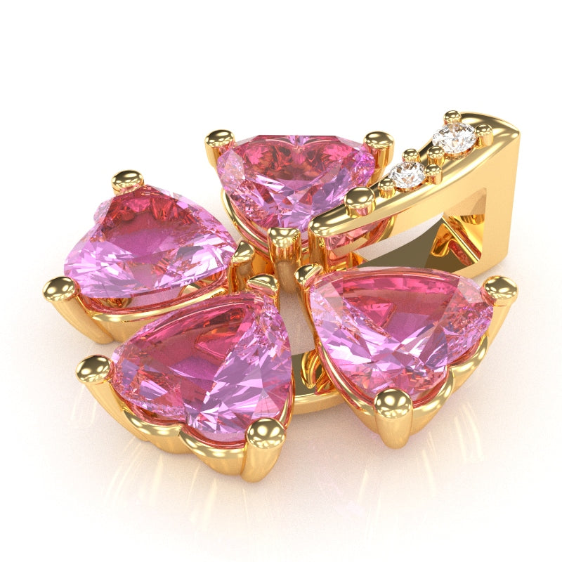 4 Leaf Clover Shamrock Lab-Created Pink Sapphire Diamond Pendant In 14k Yellow Gold