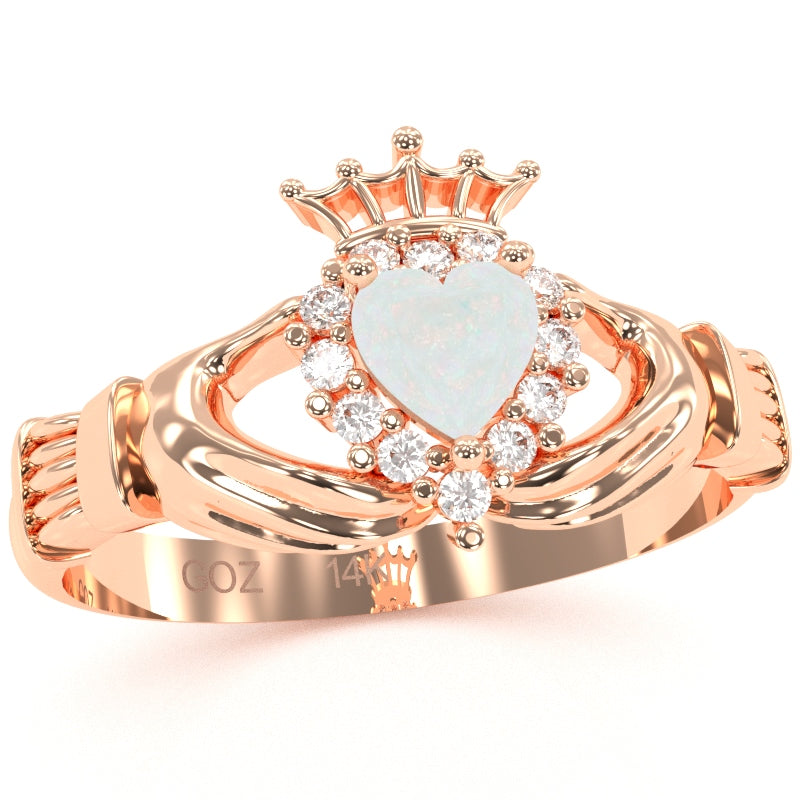 Claddagh Opal Diamond Ring In Solid 14k Rose Gold