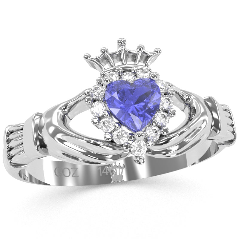 Claddagh Tanzanite Diamond Ring In Solid 14k White Gold