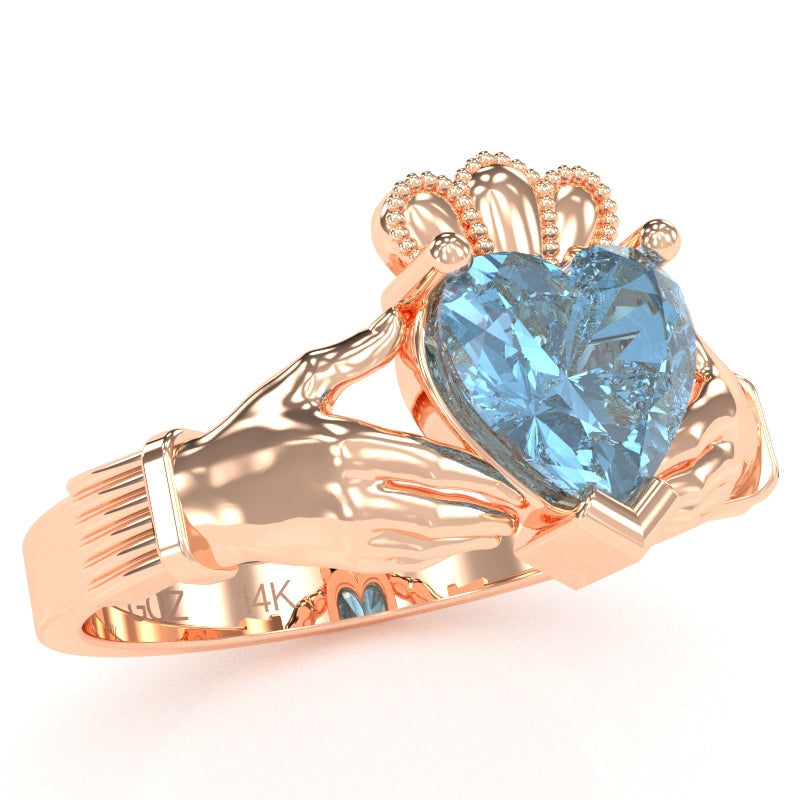 Claddagh Blue Topaz Ring In Solid 14k Rose Gold