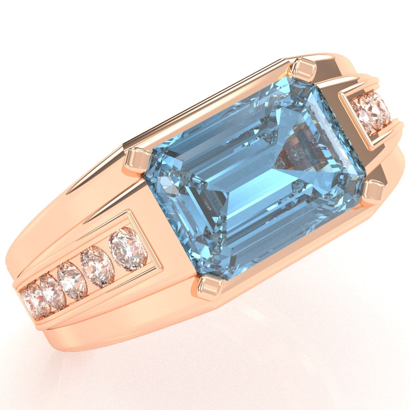 Men's Blue Topaz Diamond Channel Ring In Solid 14k Rose Gold