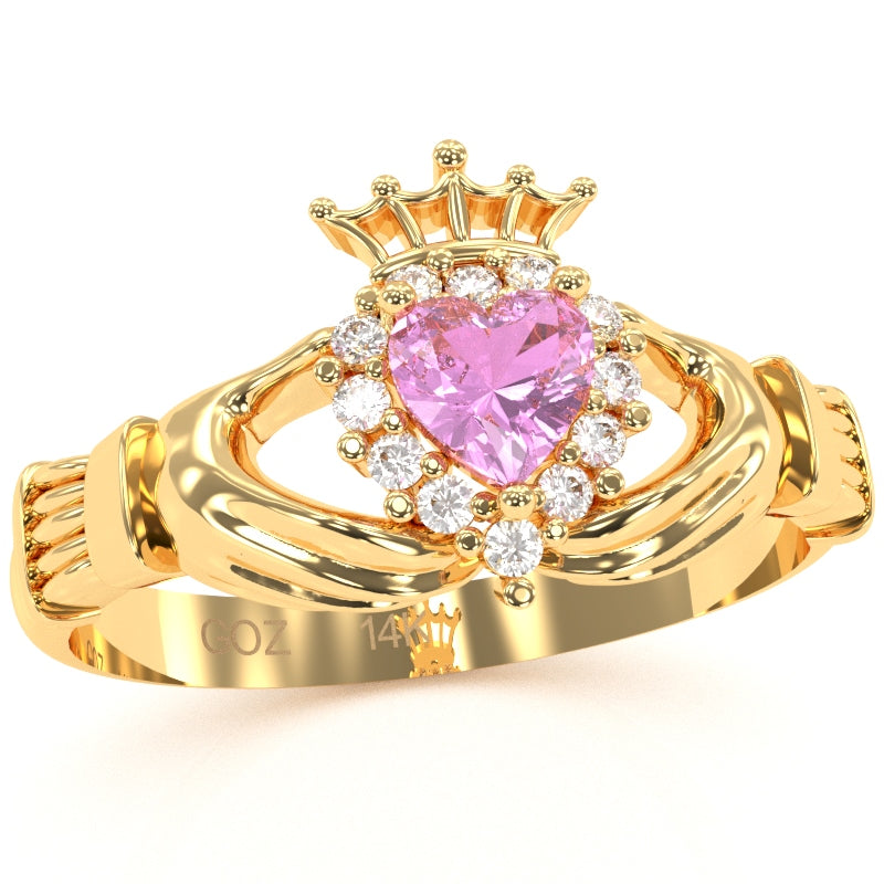 Claddagh Lab-Created Pink Sapphire Diamond Ring In Solid 14k Yellow Gold