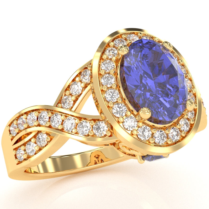 Three Stone Tanzanite Diamond Peekaboo Halo Engagement Ring In 14k Yellow Gold