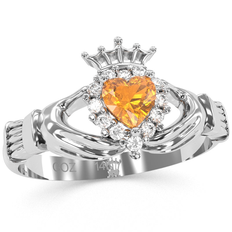 Claddagh Citrine Diamond Ring In Solid 14k White Gold