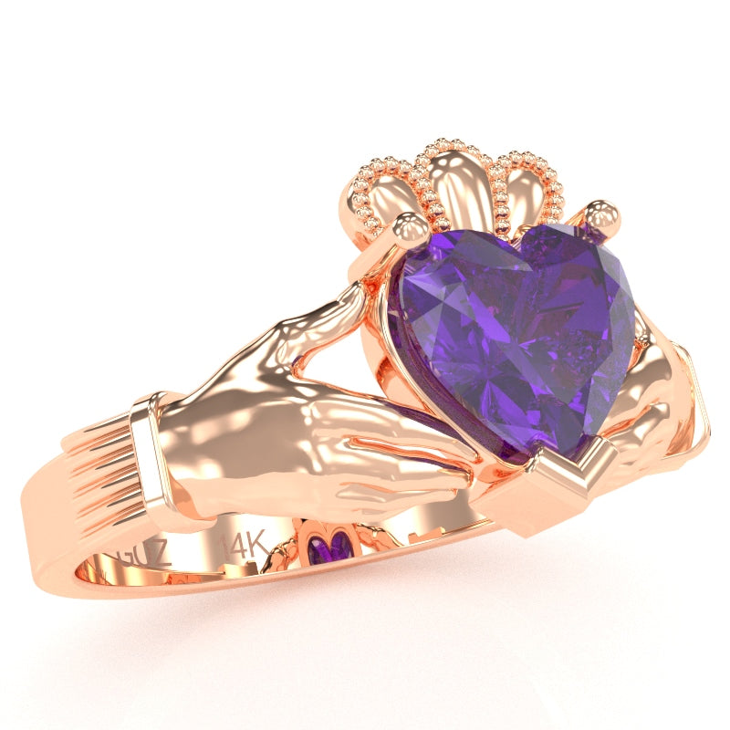 Claddagh Amethyst Ring In Solid 14k Rose Gold