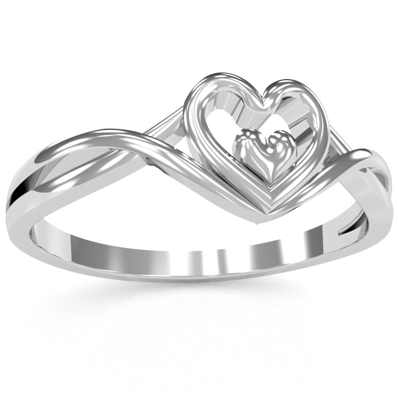 Twisted Heart-In-Heart Love Ring In Solid 14k White Gold