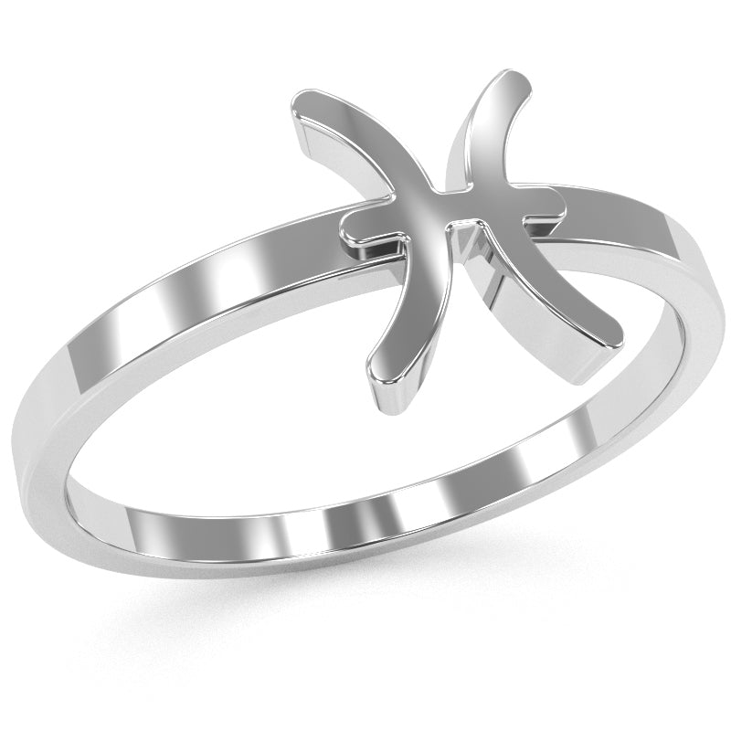 Pisces Zodiac Sign Ring In Solid 14k White Gold