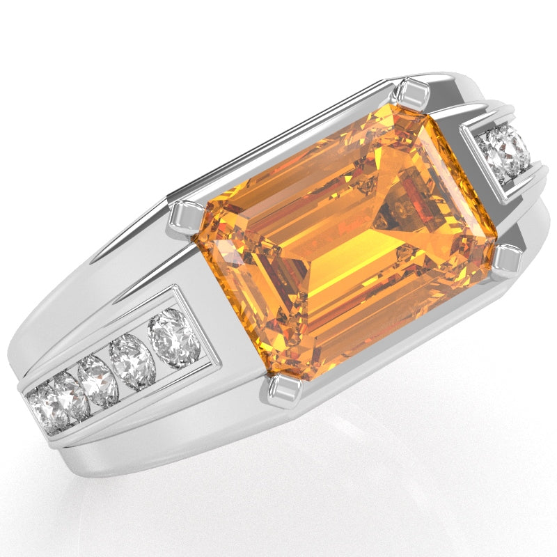 Men's Citrine Diamond Channel Ring In Solid 14k White Gold