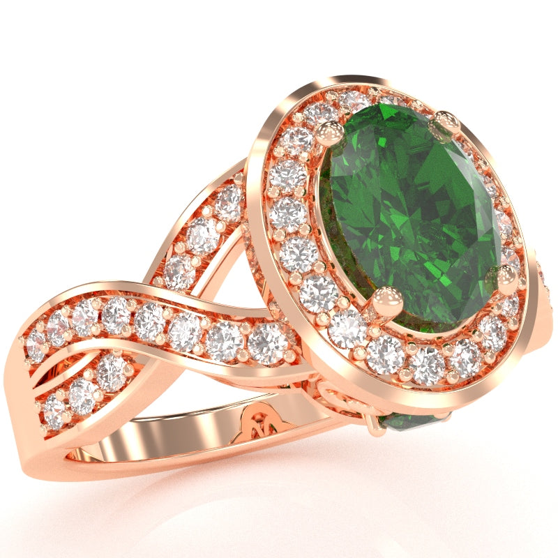 Three Stone Lab-Created Emerald Diamond Peekaboo Halo Engagement Ring In 14k Rose Gold