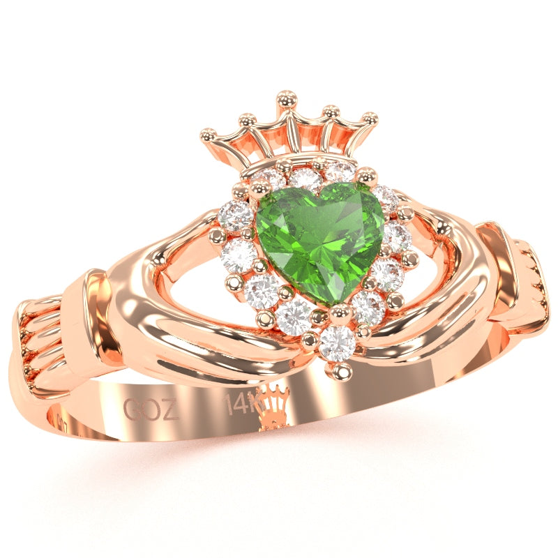 Claddagh Peridot Diamond Ring In Solid 14k Rose Gold