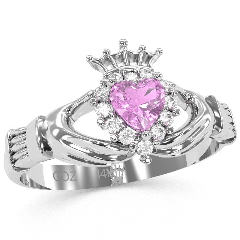 Claddagh Lab-Created Pink Sapphire Diamond Ring In Solid 14k White Gold