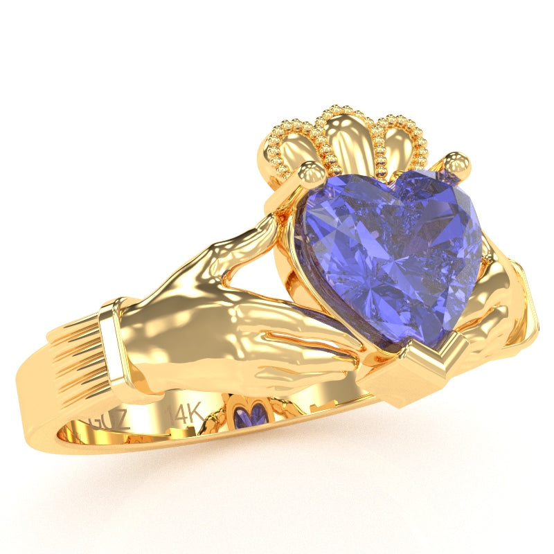 Claddagh Tanzanite Ring In Solid 14k Yellow Gold